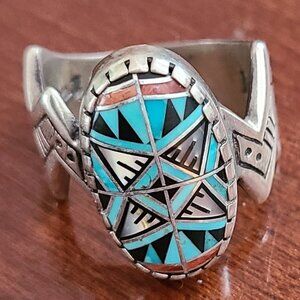 Sterling silver inlaid Stones ring RMT Pollack Native American sz  7.5